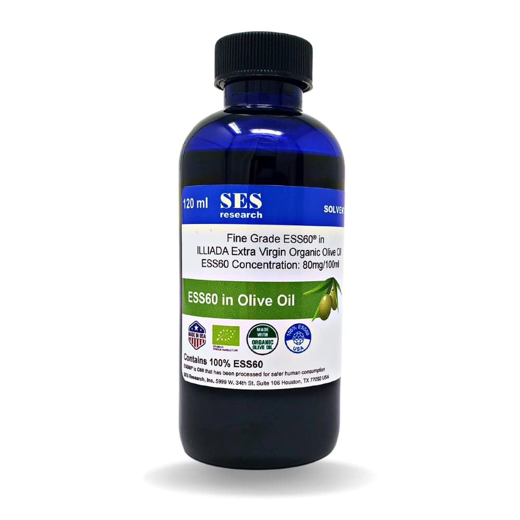 SES Research Fine Grade C60-120 ML Organic Extra Virgin Olive Oil - 99.99% Highest Purity Carbon 60-Anti-Aging-Boost Energy - Nootropics Antioxidant Supplement-Better Sleep-Focus-Longevity-Immunity