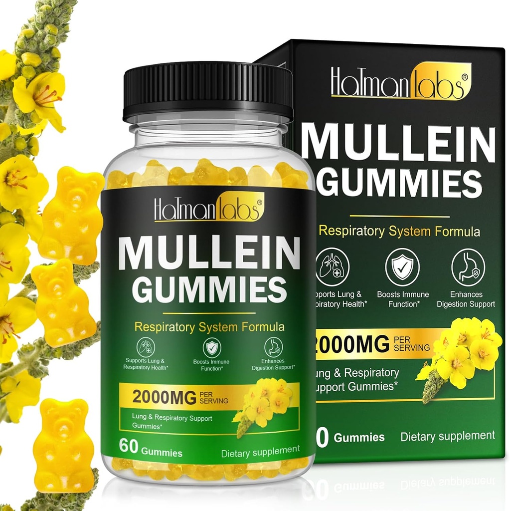 肺デトックスのためのMulleinグミー, 2000 mg Mulleinリーフ抽出物 呼吸 & 消化 & 免疫サポート w/Quercetin, Bromelain, エルダーベリー & マシュマロ, ビーガン120グミー (1 ボトル 60 ガミー) (1)