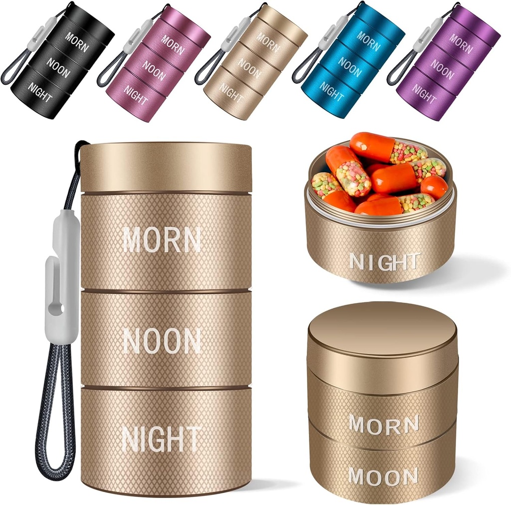 Aluminum Waterproof Pill Organizer 3 times a day,Moisture Proof Metal Pill Case,Small Daily Pill Holder for Purse,Portable Travel Pill box Container to Hold Vitamins,Med, Supplements【Gold Knurling】