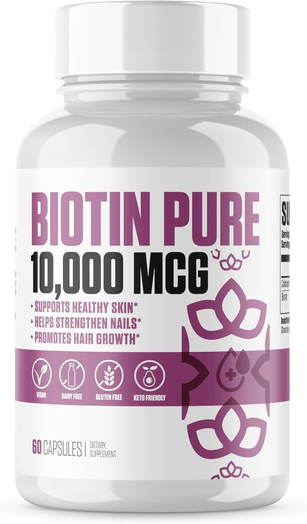 ビオチンピュア10,000 MCG + カルシウム | #1 新しいマックスドーズビオチンB7サプリメントは、より健康な髪、肌と爪のための丸薬 | 男性と女性のためのビーガンカプセル - 60 サービング