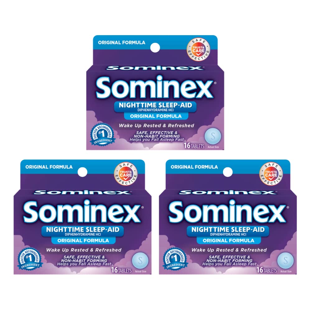 Sominex 最大強度 夜間 睡眠補助金 | Diphenhydramine HCI | 16カプセル パック | 3-パック