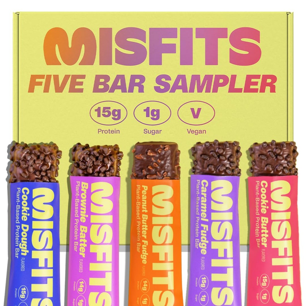 Misfits ビーガンプロテインバー - レシピを更新しました | 植物ベース、低砂糖&炭水化物、ハイファイバースナック | 品種サンプルパック 味を試す | パック 5 (1 各味)