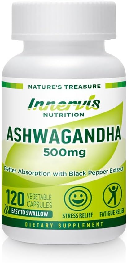 Ashwagandha 500mg – ストレス救済, 気分のバランス & ブラックペッパーとリラックス, 120 ビーガンカプセル