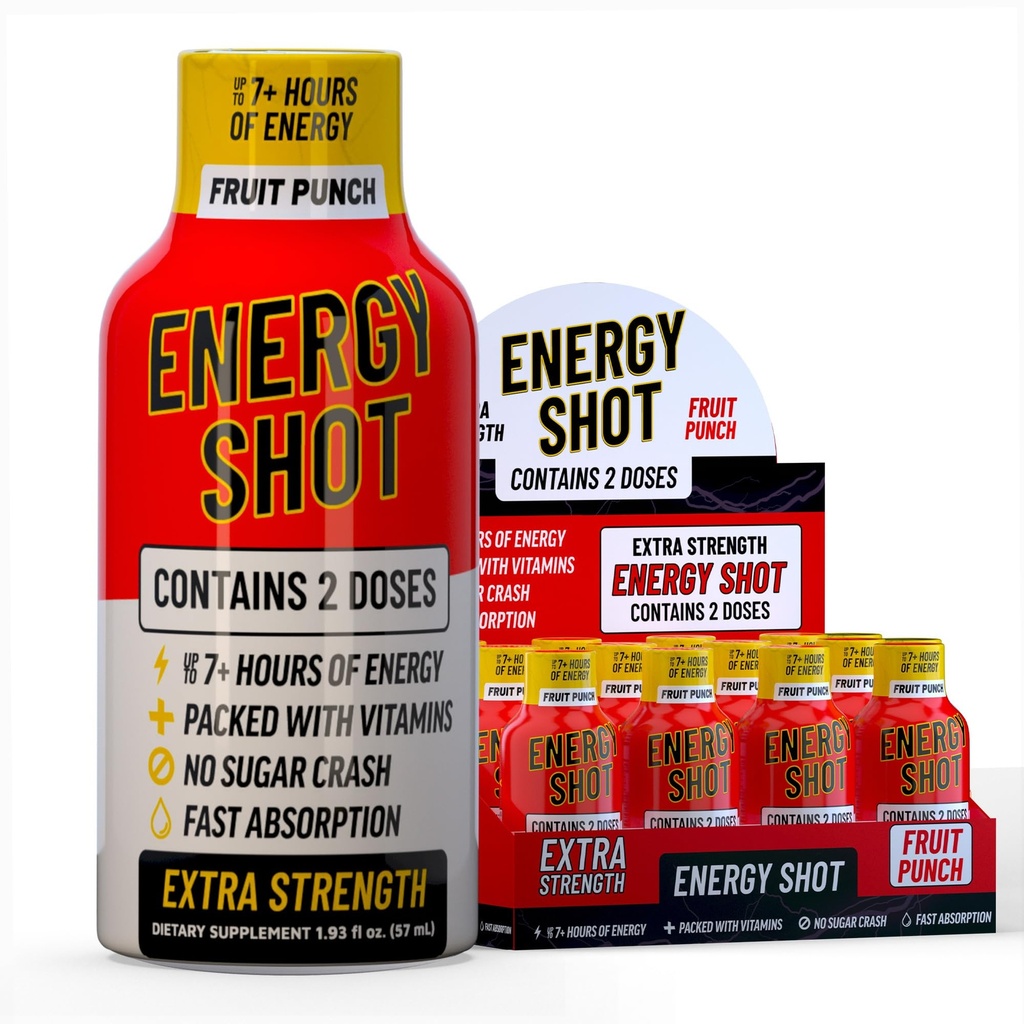 フルーツパンチエクストラ強度エネルギーショット 12 pk – 260 mg ナチュラルカフェイン B12 B6 – エネルギー & フォーカス サポート – 2 サービング砂糖無料ゼロカロリーグリーンティー B-ビタミン 電解物 ビーガン – 1.93 fl oz