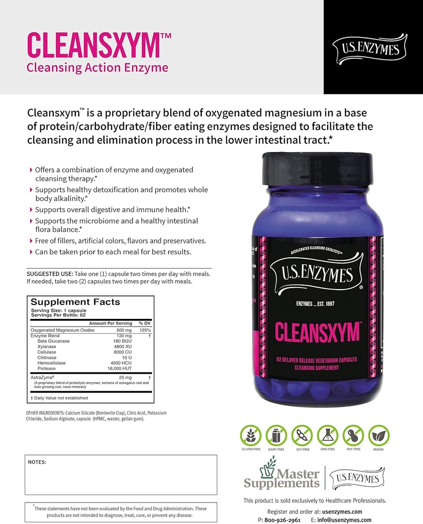 米国酵素CLEANSXYM 62 ベジタリアンカプセル。 洗浄の補足。