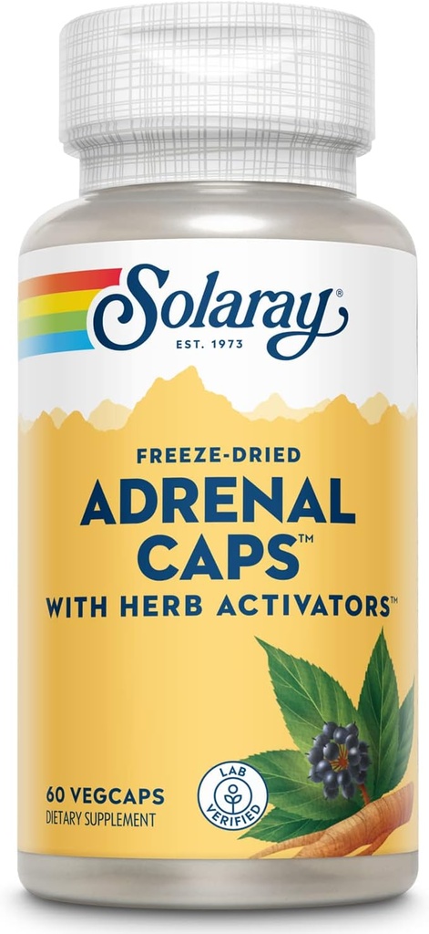 SOLARAY Adrenal Caps, Freeze-Dried - Wellness Support Adrenal Cocktail with Herb Activators Eleuthero, Gotu Kola, Licorice and Clove - Lab Verified, 60-Day Guarantee - 30 サービング, 60 VegCaps