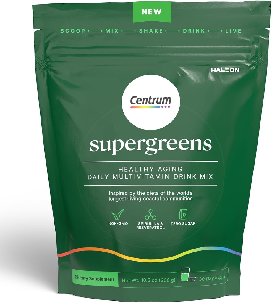 Centrum Supergreens - 大人のためのスーパーフードパウダー&マルチビタミン - スピルリナ、マッシュルーム、プレバイオティクス&酵素ブレンドとグリーンパウダー - 30日の供給