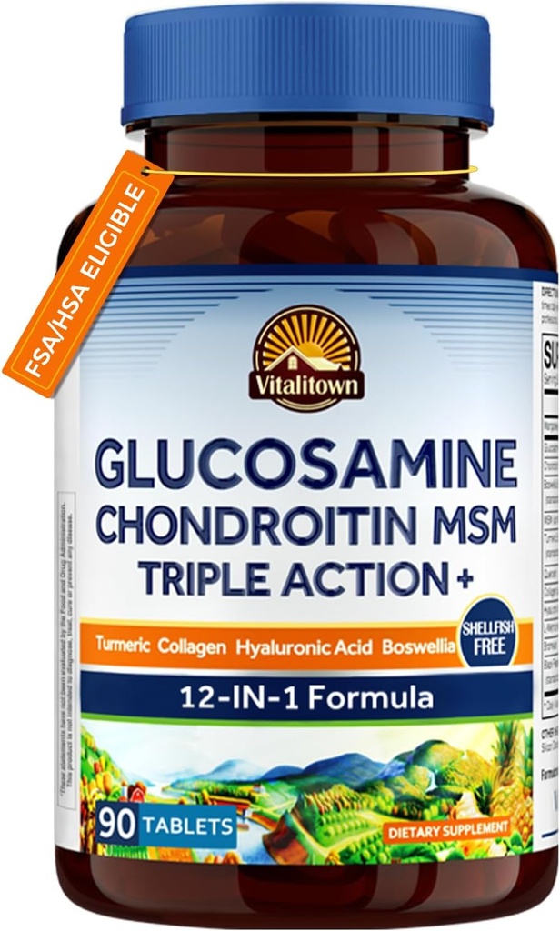 Vitalitown Glucosamine Chondroitin MSM | コラーゲン、ボスウェリア、ターメリック、ヒアルロン酸、Bromelain | トリプルアクション+ フォーミュラ | 12 成分 | 90 錠
