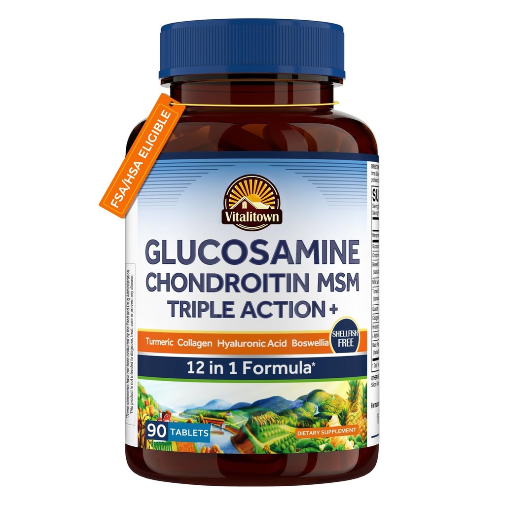Vitalitown Glucosamine Chondroitin MSM | コラーゲン、ボスウェリア、ターメリック、ヒアルロン酸、Bromelain | トリプルアクション+ フォーミュラ | 12 成分 | 90 錠