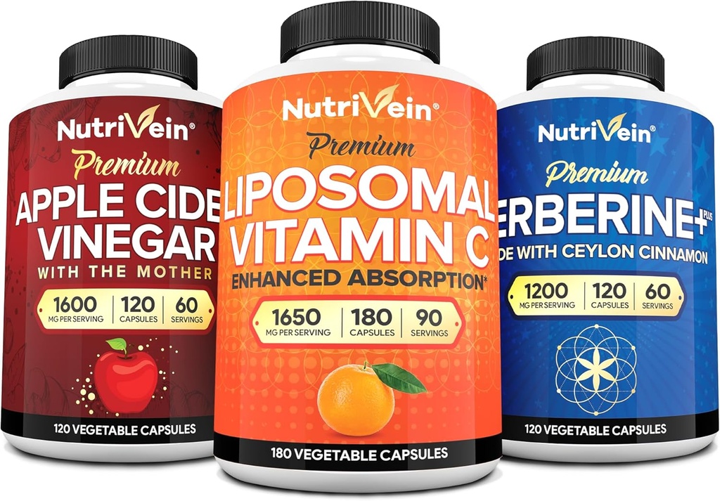 Nutrivein Premium Berberine, Apple Cider Vinegar, & Liposomal Vitamin C Supplement Bundle: High-Absorption Vitamin C Capsules, ACV Capsules, & Berberine Supplement for Wellness & Immunity