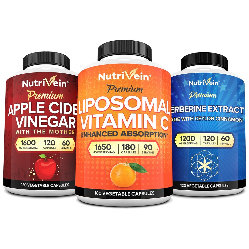 Nutrivein Premium Berberine、Apple Cider Vinegar、およびLiposomal Vitamin Cサプリメントバンドル:高吸収ビタミンCカプセル、ACVカプセル、およびウェルネス&免疫のためのバーリンサプリメント