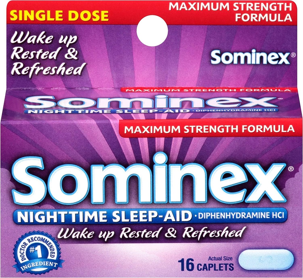 Sominex Nighttime Sleep-Aid Caplets, 最大強度, 16 ea (パッケージ 4)