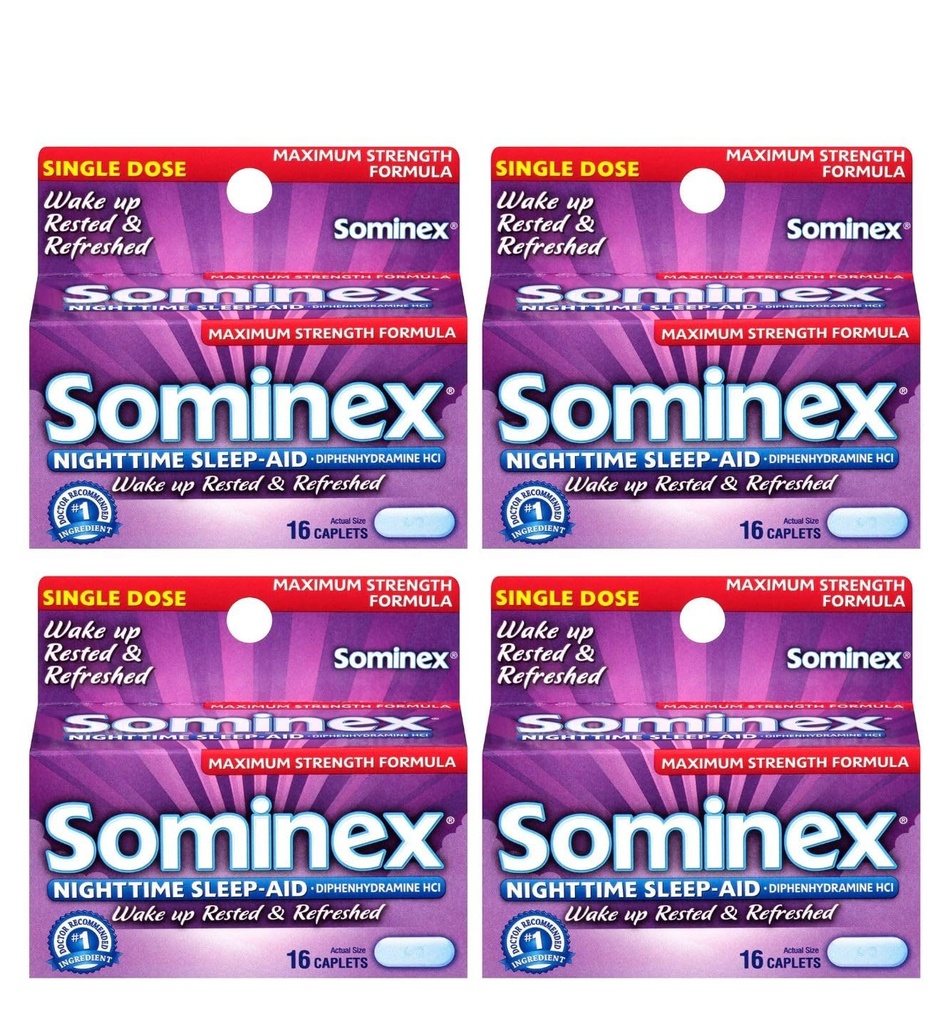 Sominex Nighttime Sleep-Aid Caplets, 最大強度, 16 ea (パッケージ 4)