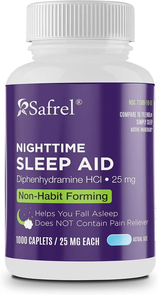 Safrel Nighttime Sleep Aid、Diphenhydramine HCl 25mg | 男性と女性のための強い非習慣形成の残りの睡眠サポート | 秋の眠りの留め具 & ウェイクアップ リフレッシュ (1000のパック 1)、1000のカウント)