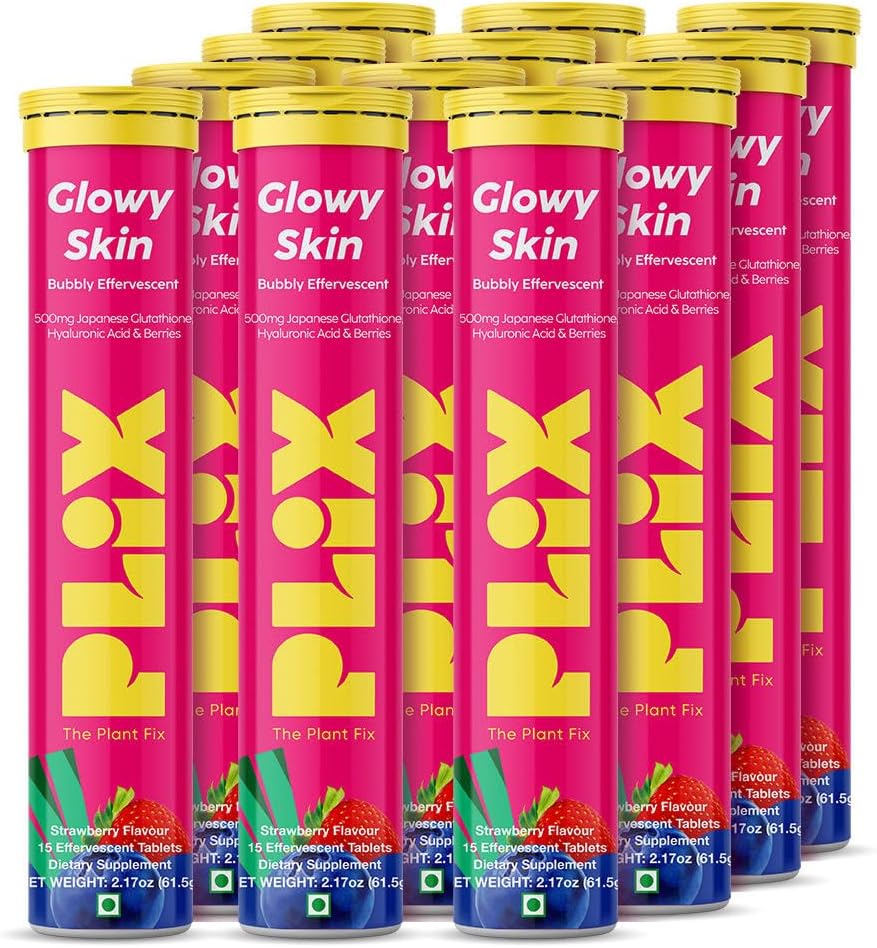 PLIX Glowy スキン 500mg グルタチオン ヒアルロン酸、ビタミンC、E& Berries | 90 発泡錠、いちご味