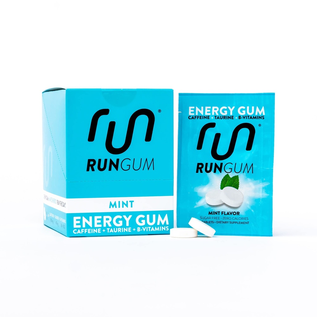 RUN GUMミントエナジーガム50mgカフェインタウリン&B-Vitamins Per Piece、24ピース(12パック)、2ピース= 1コーヒーまたはエネルギードリンク、砂糖無料、ゼロカロリー