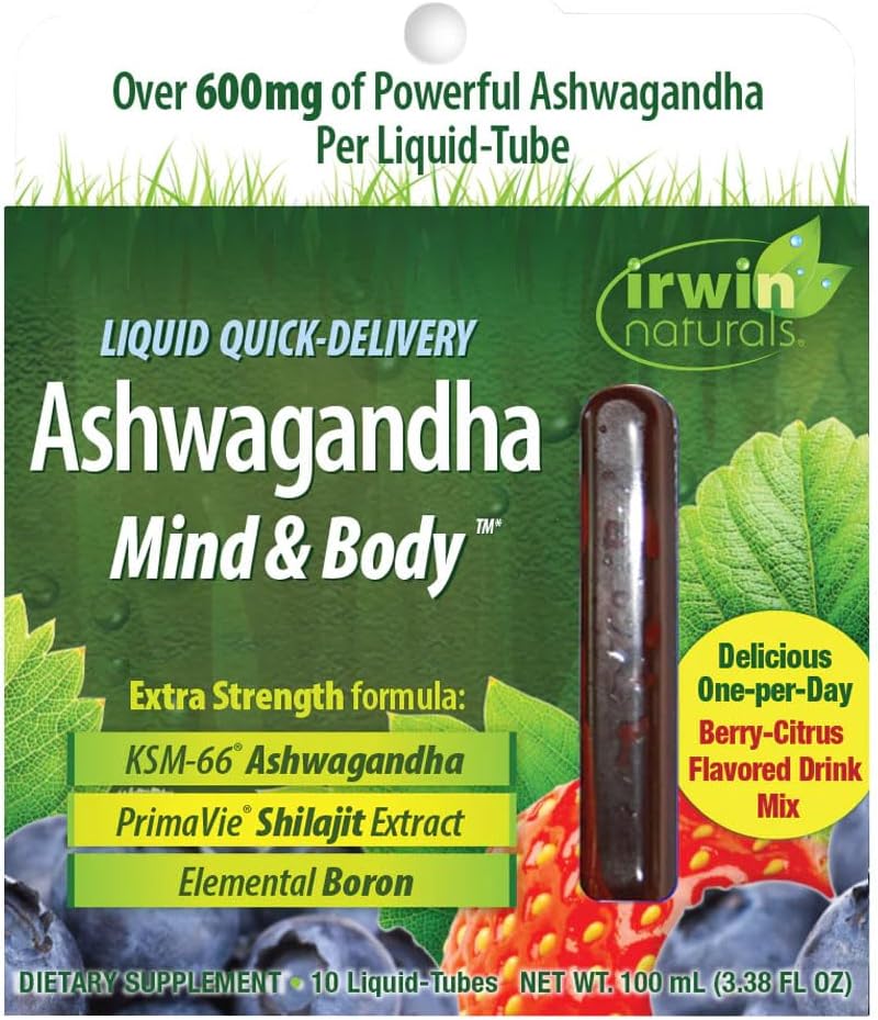 Irwin Naturals 液体クイックデリバリー Ashwagandha マインド & ボディ - 10 液体チューブ - Boosts 物理的&メンタル パフォーマンス - 1 日ベリー - キプロス 風味のドリンク ミックス