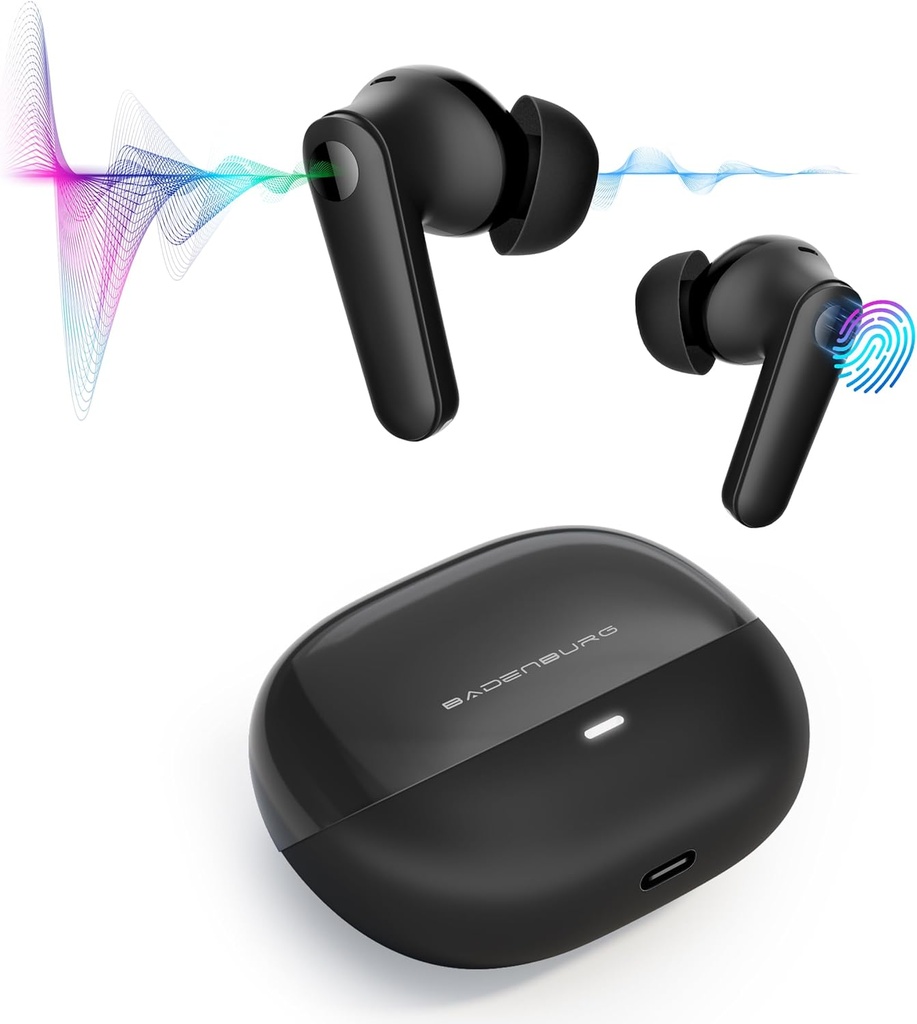 Airbeat 1 ANCノイズキャンセリング真のワイヤレスイヤホンマイク、強化されたベースBluetooth 5.3 in-Earヘッドフォン、高出力チタンドライバー、48Hプレイタイム、クリスタルクリアコールブラックのENC