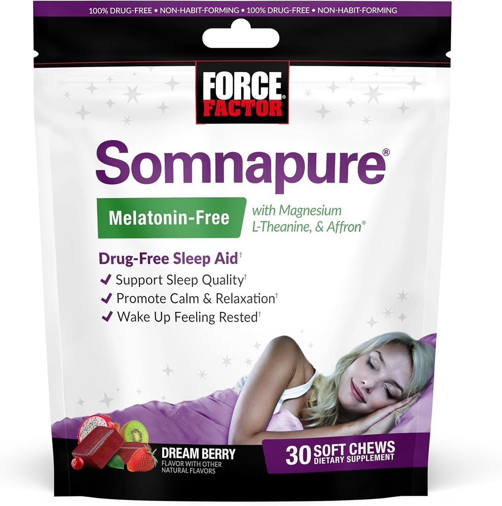 力率のSomnapureのMelatoninの自由な柔らかい咀嚼、睡眠の援助は睡眠の質、Affronの大人のための睡眠の援助、マグネシウム、L-Theanine、Chamomile、レモン バルム、夢の果実味、30の柔らかい咀嚼を改良します