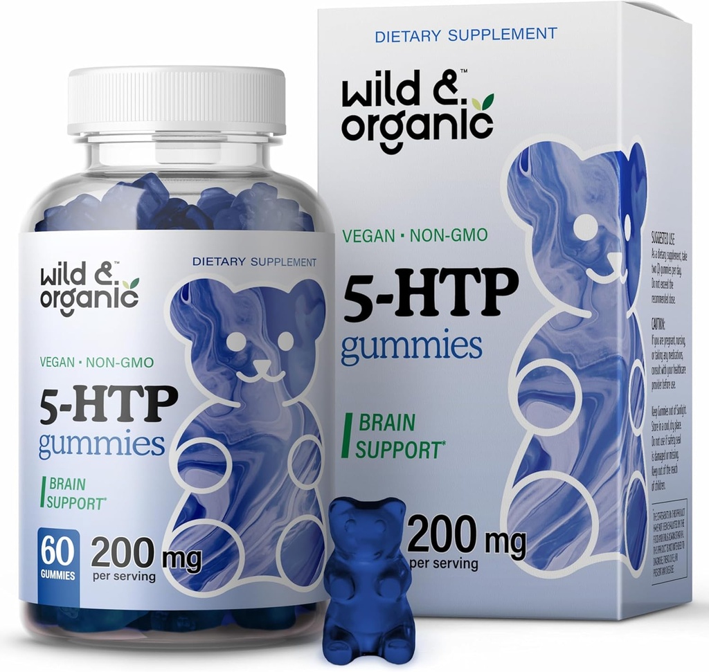 ワイルド&オーガニック5-HTP 200mgムードグミー - リラクゼーションとナチュラルカルムのためのL-Tryptophan - 脳サポートのための5 HTPサプリメント - 60ビーガン、非GMO 5HTPグミー