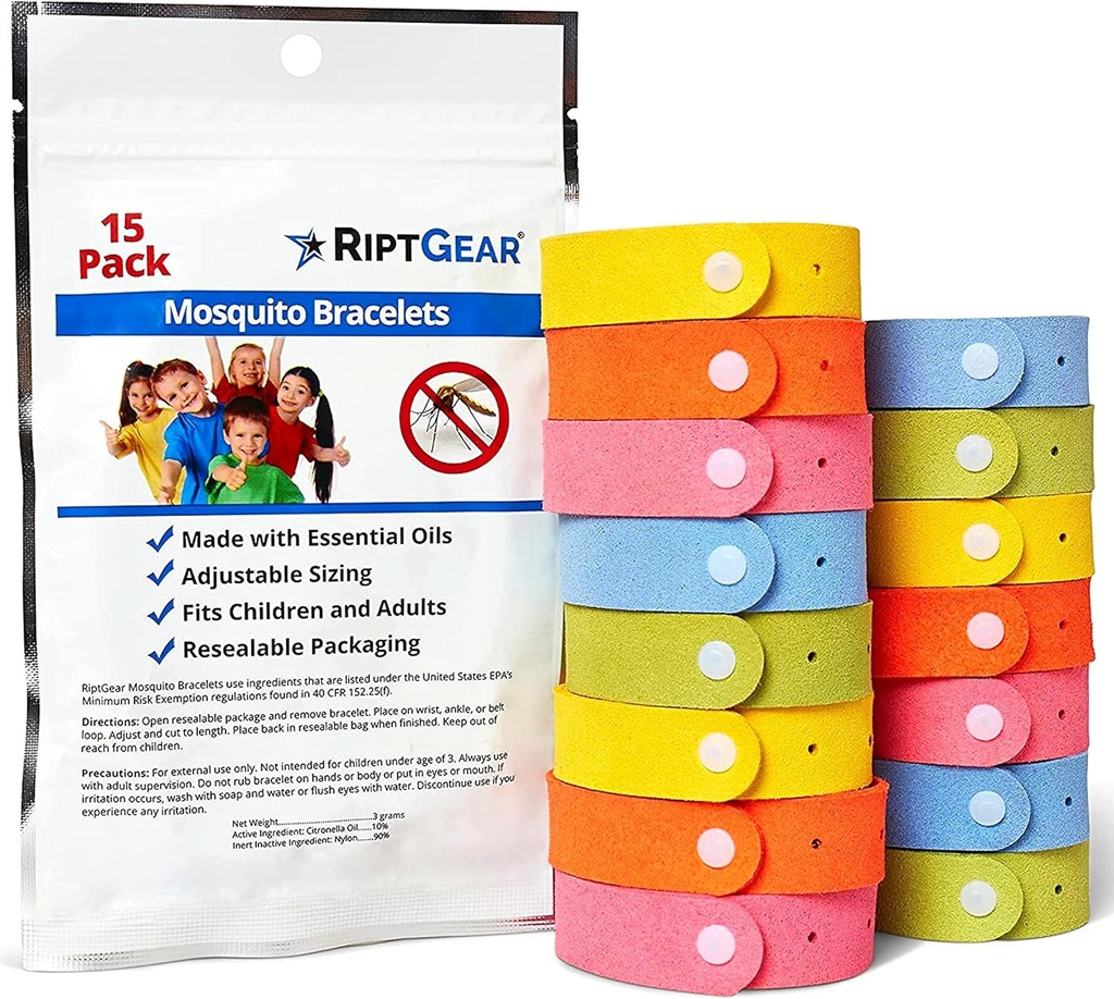 RiptGear Mosquitoブレスレット - 子供と大人のためのMassquitoブレスレットの15パック、昆虫ブレスレット、Citronella Wristband - DEET無料モーストバンド、キャンプアクセサリー