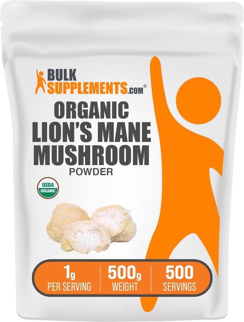 BulkSupplements.com 有機ライオンマッシュルームパウダー - ライオンズマニーパウダー、マッシュルームサプリメント - ビーガン&グルテンフリー、サービングあたり1g、500g(1.1ポンド)(パッケージ1)