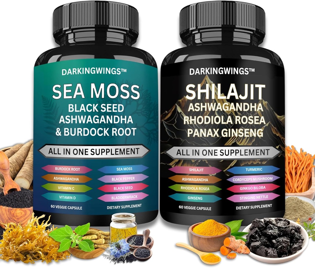 Shilajitと海苔コンボ - 海苔3000mg、黒い種子油2000mg、Ashwagandha 2000mg、Shilajit 9000mg、Rhodiola Rosea1000mg、Panax Ginseng1500mg |海苔とシラジットバンドル、すべての1つのサプリメント