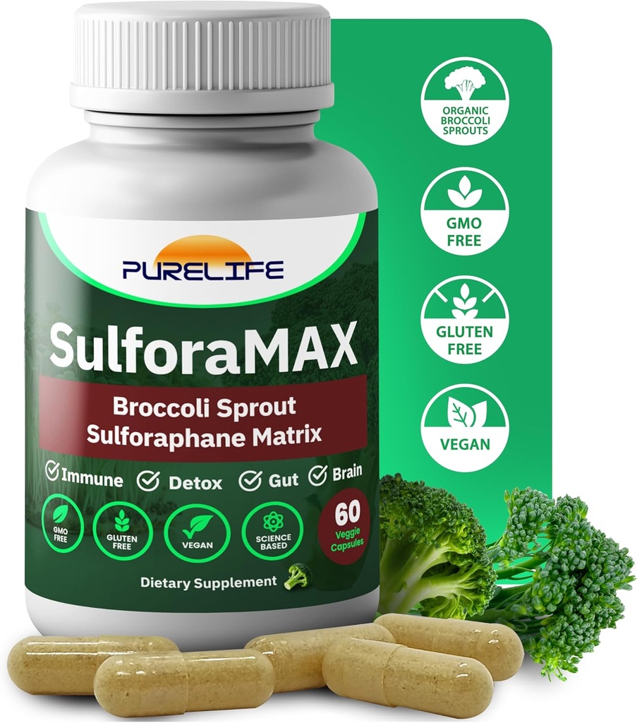SulforaMAX(60カプセル) - Sulforaphane Broccoli免疫サプリメント - 免疫サポート、心臓、肝臓、脳の健康 - ビーガン、ベジタリアン、非GMO、10,000 MCG Sulforaphane
