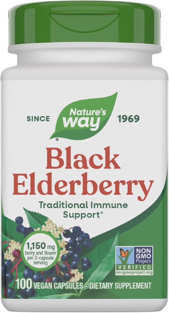 Nature's Wayブラックエルダーベリーカプセル、Elderberryと伝統的な免疫サポート*サプリメント、植物性、100カプセル(パッケージ5月Vary)
