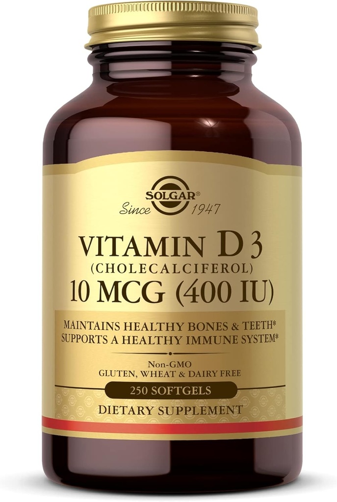 Solgar Vitamin D3(Cholecalciferol)10 mcg(400 IU) - 250 Softgels - ヘルシーなボンドと歯を維持するのに役立ちます - 免疫システムサポート - 非GMO、グルテンフリー、酪農場無料 - 250 サービング