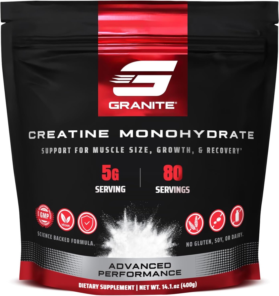 Granite Creatine Monohydrate, Supports Strength, Endurance, & Muscle Recovery, Creatine for Men & Women, Soy-Free, Dairy-Free, Gluten-Free (80 Servings)