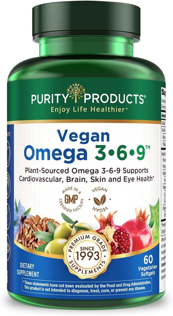 Purity Products Omega 3-6-9 Vegan and Vegetarian Formula - “5 in 1” Essential Fatty Acid Complex - Scientifically Formulated Plant-Based Omega 3 6 9 Essential Fatty Acids (EFA) - from (60)