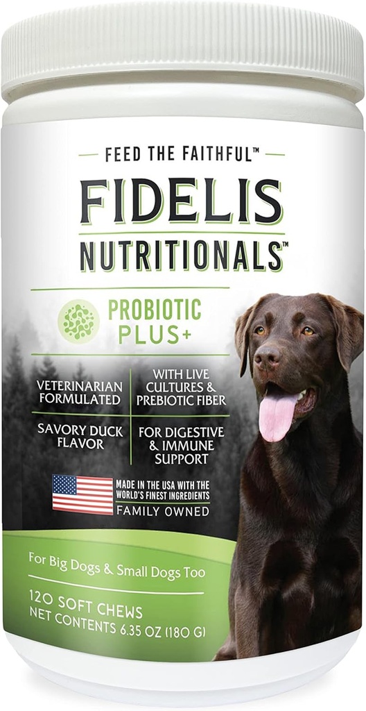 FIDELIS Probiotic Plus +ペット用ペットプロバイオティクス、消化管の腸の健康、イースト、かゆみの皮/衣料品、ペットのための安全な犬の御馳走補足、大人、大きい及び小さい、米国、アヒルの味、120の咀嚼でなされる