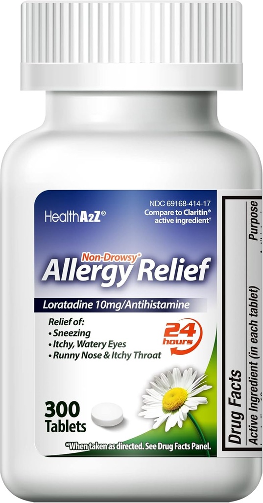 HealthA2Z® Allergy Relief | Loratadine 10mg | Antihistamine | Relief from Itchy Throat, Sneezing, Runny Noses | 24-Hours Allergy Medicine (300 Tablets)