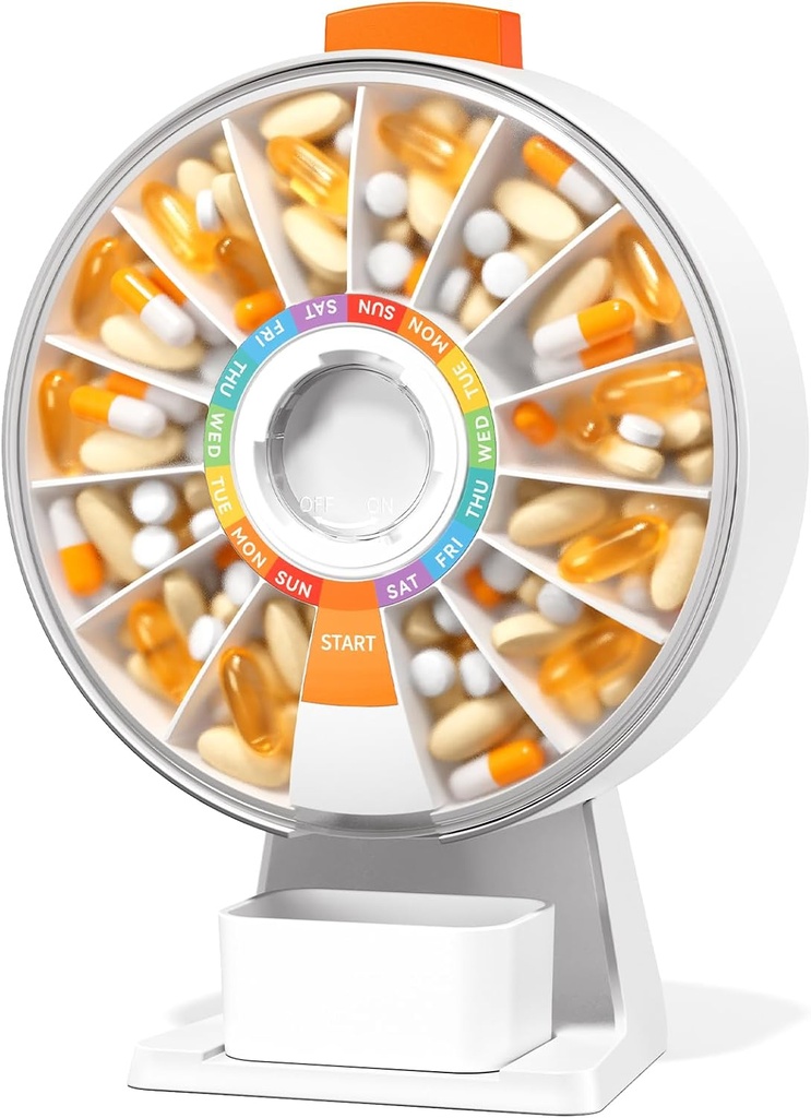 Zoksi の大きい楽しみの丸薬のディッペンサー、7 または 14 日のための毎日の丸薬箱、壁取付け可能か卓上週刊の丸薬、ビタミンまたは補足、容易な出版物ボタンが付いている丸薬の箱(白)