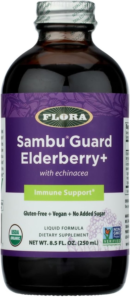 Flora Organic Black Elderberry Syrup + 8.5oz - Immune Booster with Echinacea, for Kids & Adults, No Added Sugar, Gluten Free, Vegan, SambuGuard