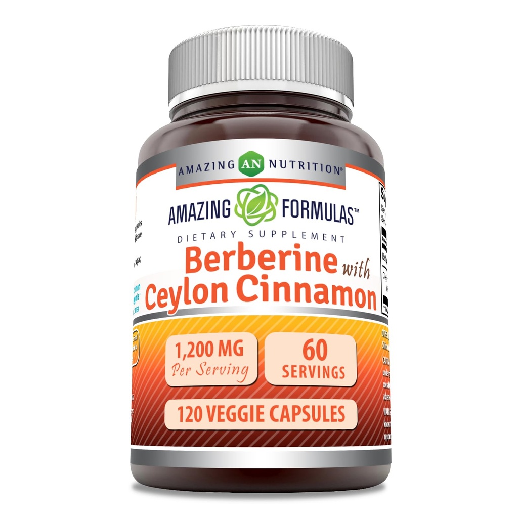 アメイジング・フォーミュラ・ベルベリン、ピュア・セイロン・シナモン 1200 Mg/サービング | プレミアム・コンプレックス・サプリメント | ベジギー・カプセル | 非GMO | グルテンフリー | アメリカ製 (1パック | 120 カウント)