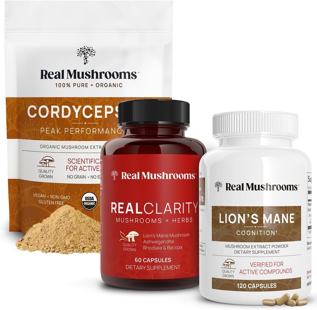 Real Mushrooms RealClarity (60ct) & Lions Mane (120ct) Capsules w/Cordyceps Powder Bundle - Mushroom Supplement for Mental Clarity, Focus, Cognition, Energy & Vitality - Vegan, Non-GMO