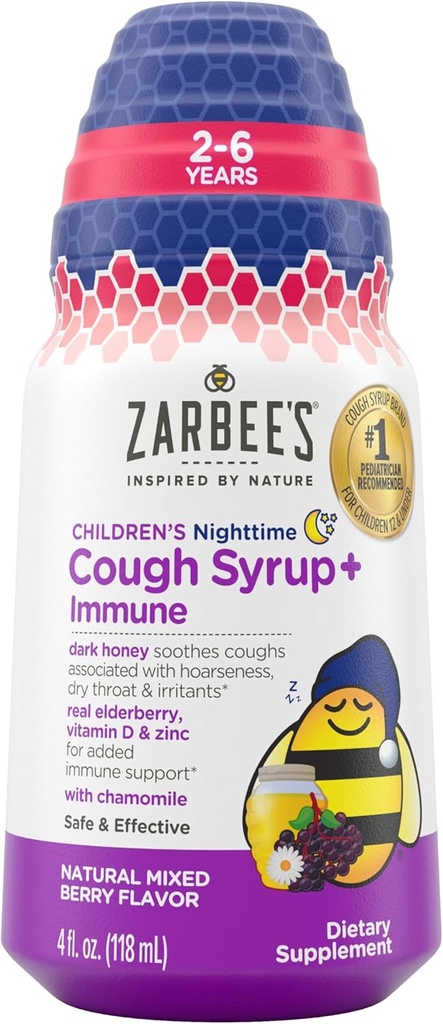 Zarbee's Children's Nighttime Honey Cough Syrup + Immune for Kids 2+、Cough Syrup with Soothing Dark Honey、Real Elderberry、ビタミンD&亜鉛、&チャモミール、ドラッグフリー、ミックスベリー、4 fl。 oz