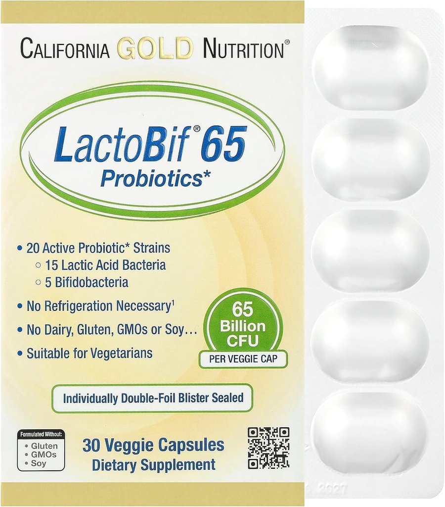 LactoBif Probiotics、65 Bllion CFU、20アクティブ&臨床研究プロバイオティックストレイン、大豆フリー、砂糖フリー、ベジタリアン、個別にダブルホイルブリストラーシール、30ベジギーカプセル