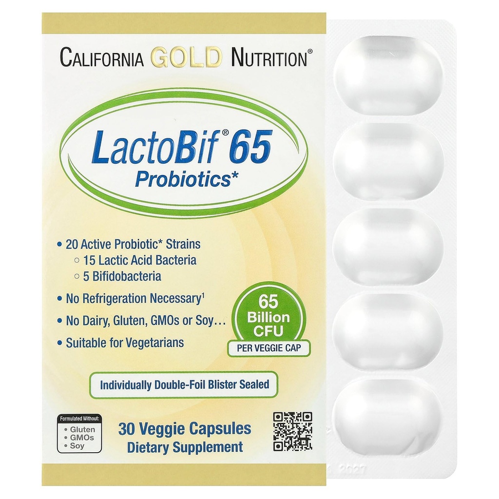 LactoBif Probiotics、65 Bllion CFU、20アクティブ&臨床研究プロバイオティックストレイン、大豆フリー、砂糖フリー、ベジタリアン、個別にダブルホイルブリストラーシール、30ベジギーカプセル