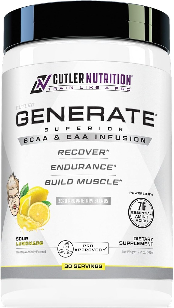 Cutler Nutrition Generate EAA and BCAA Powder: Best Branched Chain Amino Acids Supplement with Essential Amino Acids, 5g BCAAs, 2g EAAs for Lean Muscle Mass | Sour Lemonade, 30 Servings