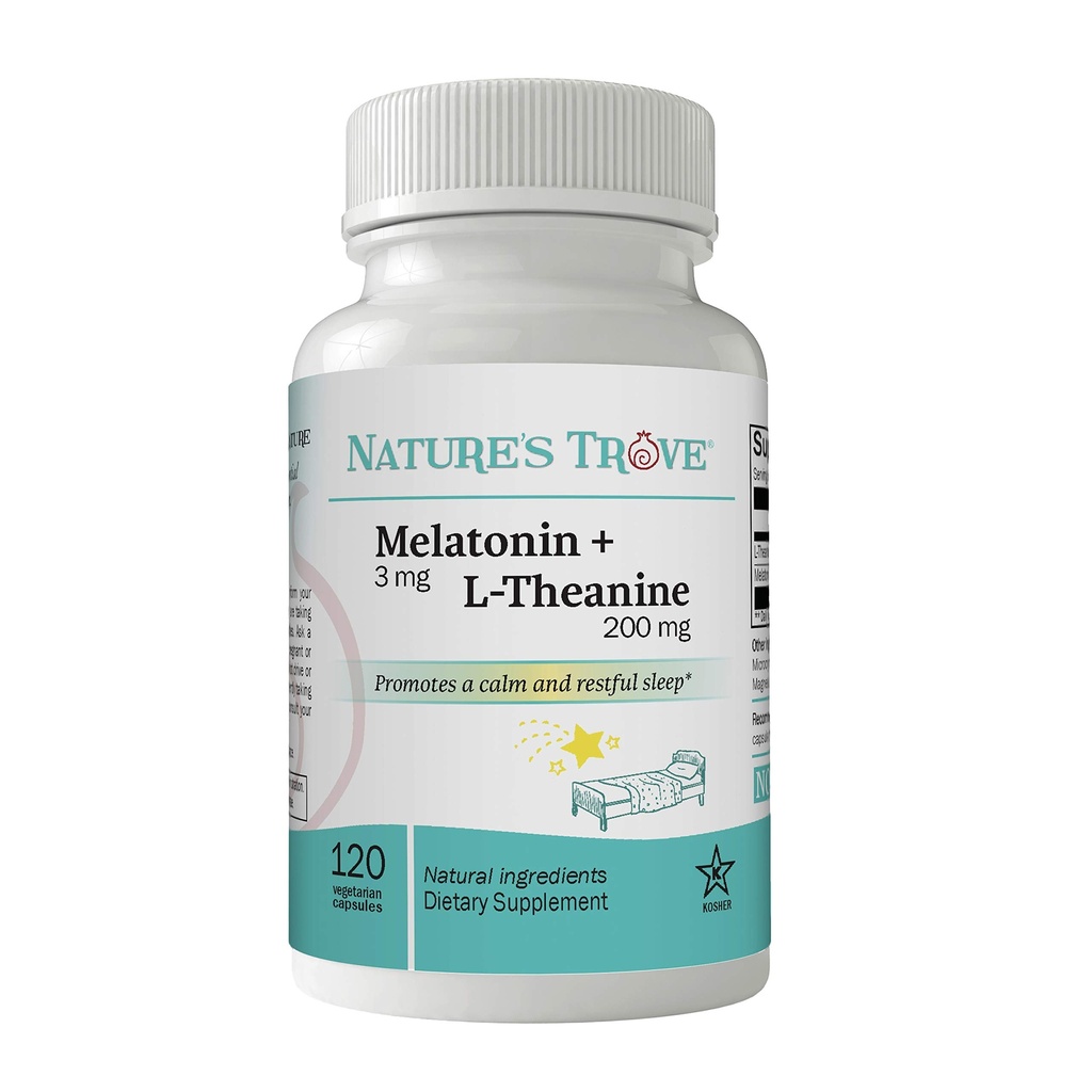 Nature's Trove Melatonin 3mg + Lテアニン200mg - カルムとリラクゼーション - 120 Kosherベジタリアンカプセル