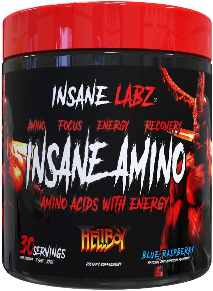 Insane Labz Insaneのアミノ酸の粉、30のSrvgs、青いラズベリーが付いているInsaneのアミノのヘレボ版、BCAA