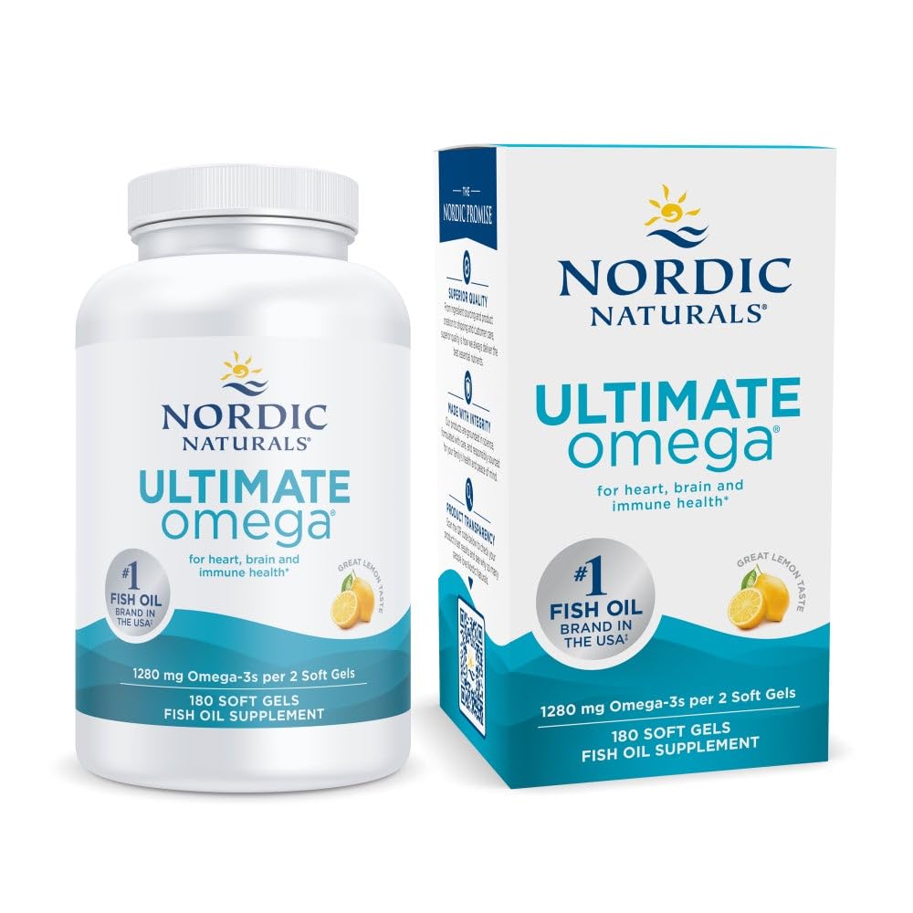 Nordic Naturals Ultimate Omega、レモンフレーバー - 180 ソフトジェル - 1280 mg Omega-3 - EPA&DHAと高周波魚油 - 脳と心臓の健康を促進 - 非GMO - 90 サービング