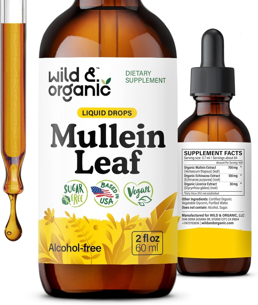 Wild & Organic Mullein Drops for Lungs - Lung Detox and Cleanse - Liquid Mullein Leaf Tincture with Echinacea & Licorice Root - Vegan, Sugar & Alcohol-Free Extract Supplement - 2 fl oz
