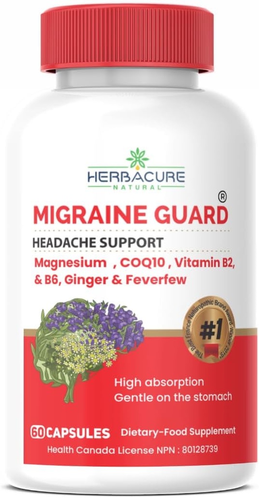 MIGRAINE Guard®の新しい片頭痛の予防、臨床的に証明されたCOQ10、VIT B2、VIT B6、Feverfew、マグネシウムのグリシン酸塩、ジンジャー、カナダで作られた試験の例外的な応答