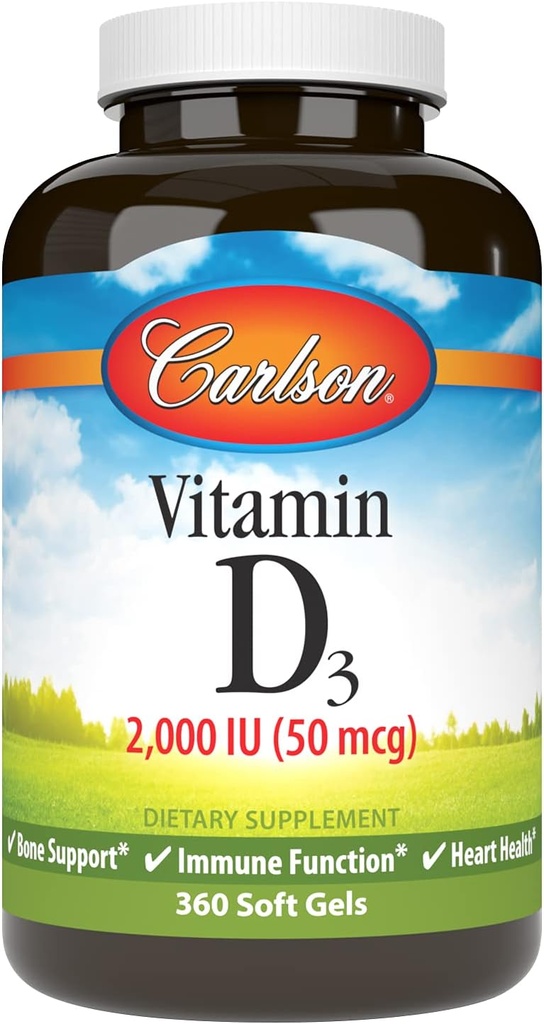 カールソン - ビタミンD3、2000 IU(50 mcg)、骨の健康、筋肉健康、コレステロール、ビタミンDサプリメント、ビタミンD3ソフトジェル、360ソフトゲル