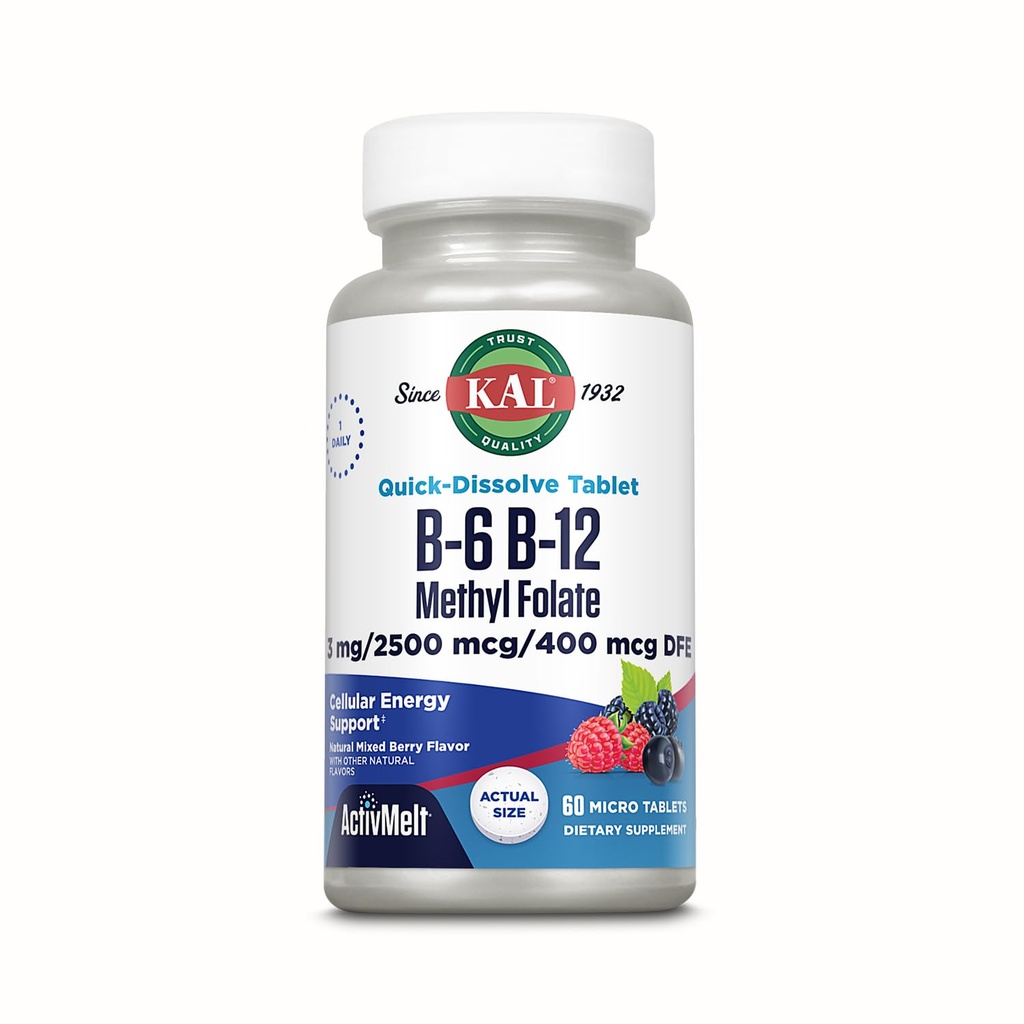 KALのビタミンB-6 B-12のメチルの葉酸塩のActivMelt、ビタミンBの補足、中心の健康、エネルギーおよびメチルB12およびDFEの葉酸、自然な果実味、60のサービング、60のマイクロ タブとの赤血球サポート