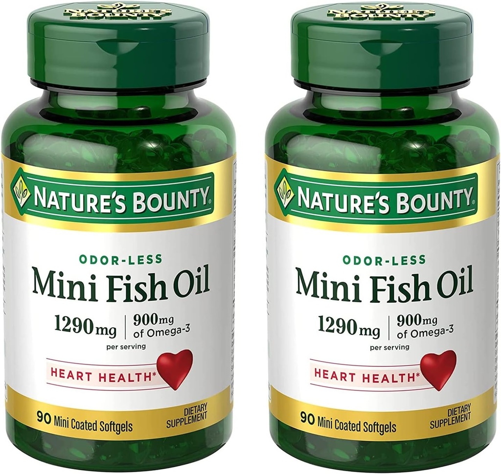 Nature's Bounty Mini Fish Oil Softgels 1290 mg, Omega-3, Supports Heart Health, Odor-Less, 90 Mini Coated Softgels - Pack of 2